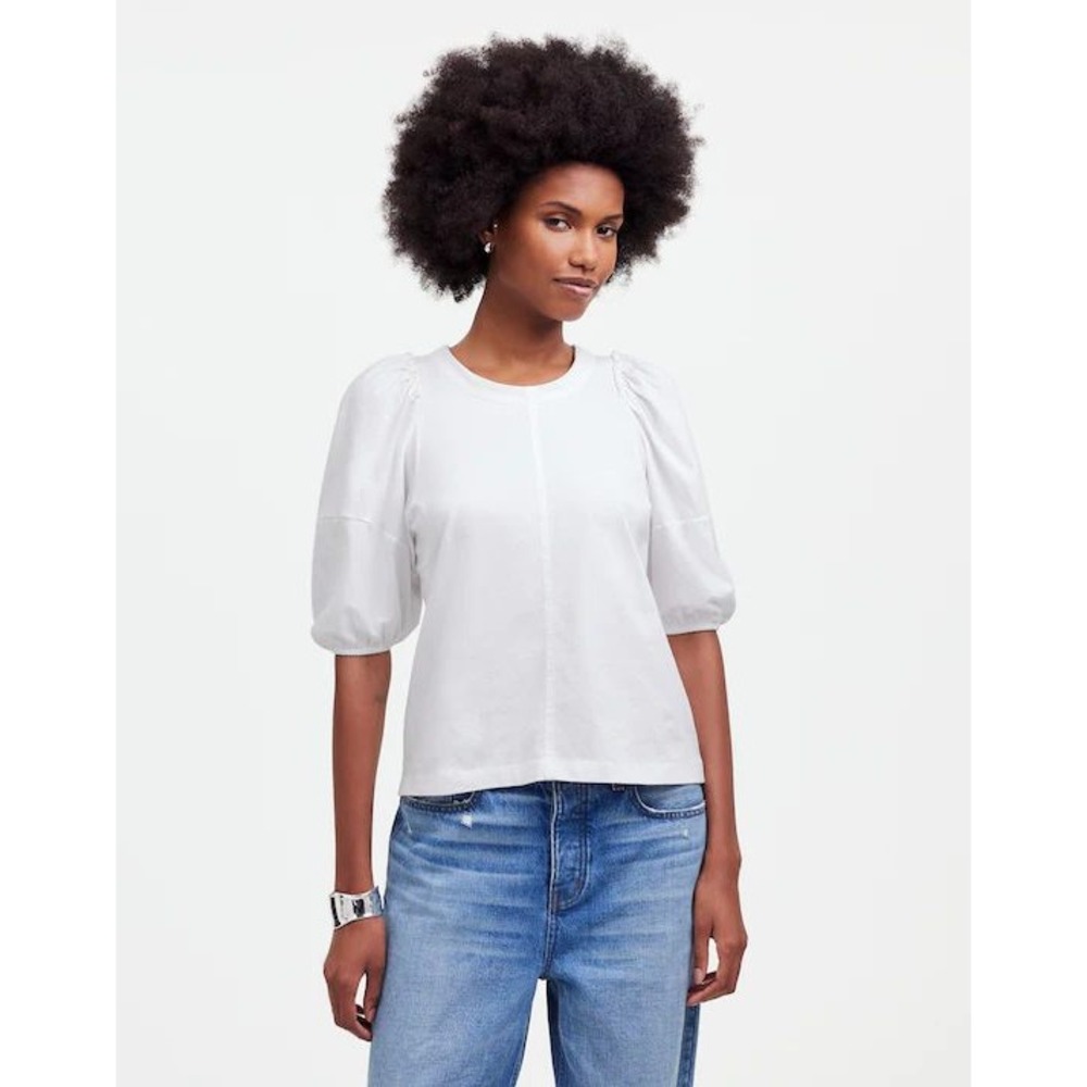 Madewell Womens XS White Puff Sleeve T Shirt Crew Neck Short Sleeve Top NWT